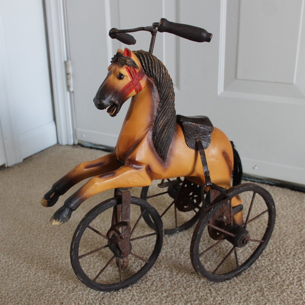Vintage 17.5"Tall x 16" Wood & Cast Iron Leather Saddle Horse Trike - Picture 8 of 16